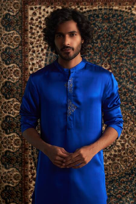 Charkhee Blue Modal, Satin, Poplin Zari Geometric Placket Embroidered Kurta Set at Aza Fashions Charkhee_Blue Modal, Satin, Poplin Zari Geometric Placket Embroidered Kurta Set _at_Aza_Fashions