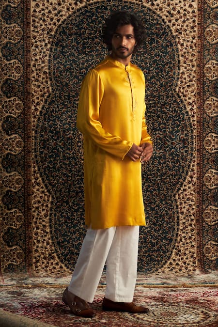 Charkhee Yellow Kurta Modal Satin Embroidery Zari Thread Placket Set 