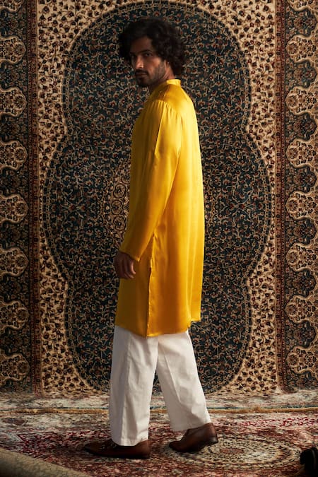 Shop Charkhee Yellow Modal, Satin, Poplin Zari Placket Embroidered Kurta Set at Aza Fashions Shop_Charkhee_Yellow Modal, Satin, Poplin Zari Placket Embroidered Kurta Set _at_Aza_Fashions