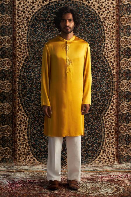 Charkhee Yellow Modal, Satin, Poplin Zari Placket Embroidered Kurta Set Online at Aza Fashions Charkhee_Yellow Modal, Satin, Poplin Zari Placket Embroidered Kurta Set _Online_at_Aza_Fashions