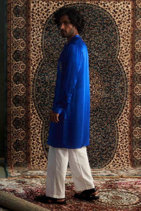 Charkhee Blue Modal, Satin, Poplin Zari Placement Embroidered Kurta Set Online at Aza Fashions Charkhee_Blue Modal, Satin, Poplin Zari Placement Embroidered Kurta Set _Online_at_Aza_Fashions