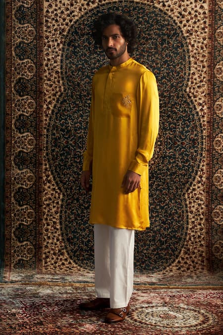 Charkhee Yellow Kurta Modal Satin Embroidery Zari Thread Geometric Placement Set 