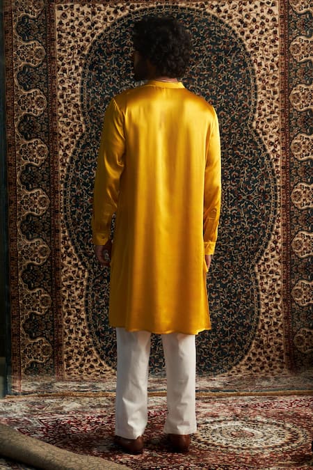 Shop Charkhee Yellow Modal, Satin, Poplin Zari Geometric Placement Embroidered Kurta Set at Aza Fashions Shop_Charkhee_Yellow Modal, Satin, Poplin Zari Geometric Placement Embroidered Kurta Set _at_Aza_Fashions