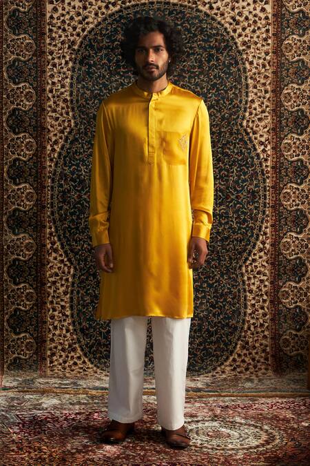 Charkhee Yellow Modal, Satin, Poplin Zari Geometric Placement Embroidered Kurta Set Online at Aza Fashions Charkhee_Yellow Modal, Satin, Poplin Zari Geometric Placement Embroidered Kurta Set _Online_at_Aza_Fashions