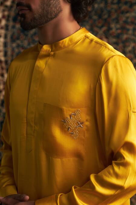 Shop Charkhee Yellow Modal, Satin, Poplin Zari Geometric Placement Embroidered Kurta Set Online at Aza Fashions Shop_Charkhee_Yellow Modal, Satin, Poplin Zari Geometric Placement Embroidered Kurta Set _Online_at_Aza_Fashions
