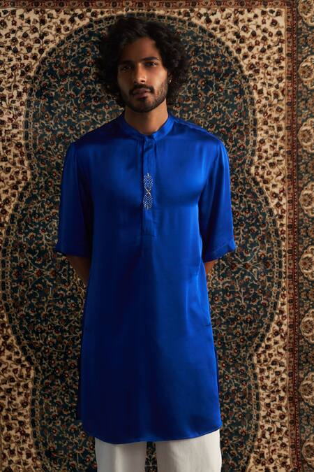 Charkhee Blue Modal, Satin, Poplin Embroidery Zardozi Placket Kurta Set Online at Aza Fashions Charkhee_Blue Modal, Satin, Poplin Embroidery Zardozi Placket Kurta Set _Online_at_Aza_Fashions