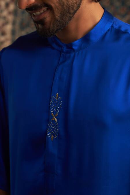 Buy Charkhee Blue Modal, Satin, Poplin Embroidery Zardozi Placket Kurta Set Online at Aza Fashions Buy_Charkhee_Blue Modal, Satin, Poplin Embroidery Zardozi Placket Kurta Set _Online_at_Aza_Fashions