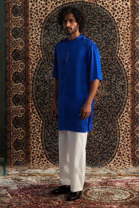 Shop Charkhee Blue Modal, Satin, Poplin Embroidery Zardozi Placket Kurta Set Online at Aza Fashions Shop_Charkhee_Blue Modal, Satin, Poplin Embroidery Zardozi Placket Kurta Set _Online_at_Aza_Fashions