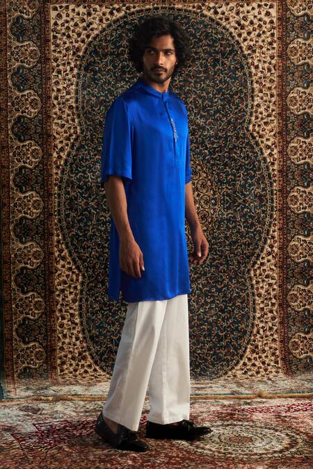 Charkhee Blue Modal, Satin, Poplin Embroidery Zardozi Placket Kurta Set at Aza Fashions Charkhee_Blue Modal, Satin, Poplin Embroidery Zardozi Placket Kurta Set _at_Aza_Fashions