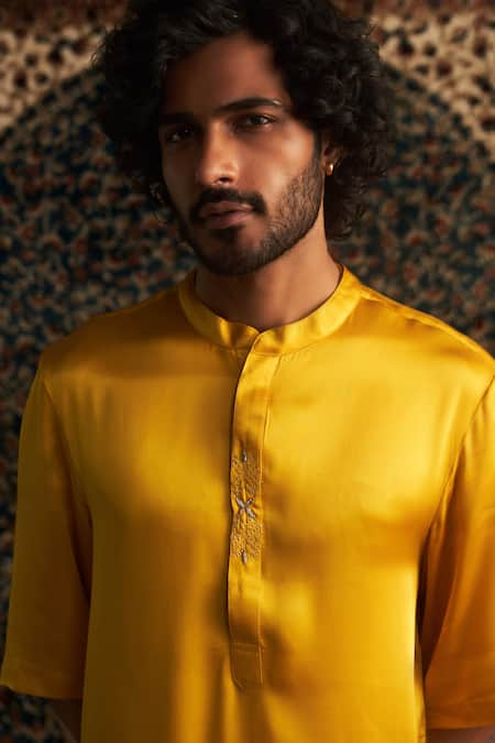 Shop Charkhee Yellow Modal, Satin, Poplin Zari, Embroidery Zardozi Placement Kurta Set Online at Aza Fashions Shop_Charkhee_Yellow Modal, Satin, Poplin Zari, Embroidery Zardozi Placement Kurta Set _Online_at_Aza_Fashions