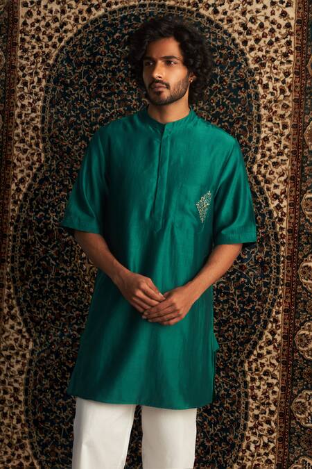 Charkhee_Emerald Green Chanderi, Voile, Poplin Zari, Embroidery Zardozi Kurta Set _Online_at_Aza_Fashions