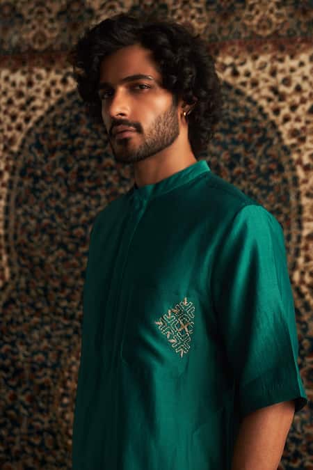 Buy_Charkhee_Emerald Green Chanderi, Voile, Poplin Zari, Embroidery Zardozi Kurta Set _Online_at_Aza_Fashions