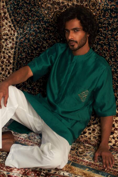 Shop_Charkhee_Emerald Green Chanderi, Voile, Poplin Zari, Embroidery Zardozi Kurta Set _Online_at_Aza_Fashions