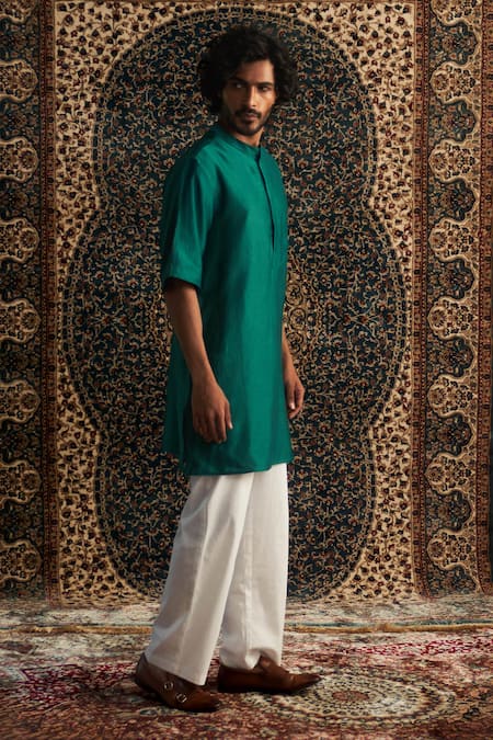Charkhee_Emerald Green Chanderi, Voile, Poplin Zari, Embroidery Zardozi Kurta Set _at_Aza_Fashions