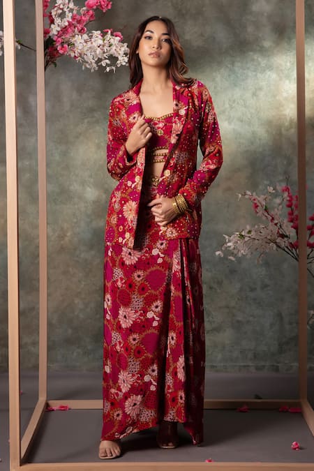 Mehak Murpana Pink Crepe Printed Floral Lapel Collar Embroidered Blazer Draped Skirt Set 