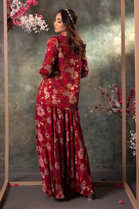 Shop_Mehak Murpana_Pink Crepe Embroidery, Beads Collared Floral Print Blazer Draped Skirt Set _at_Aza_Fashions