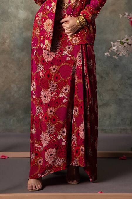 Mehak Murpana_Pink Crepe Embroidery, Beads Collared Floral Print Blazer Draped Skirt Set _Online_at_Aza_Fashions