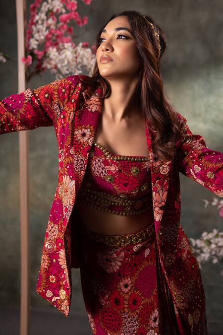 Buy_Mehak Murpana_Pink Crepe Embroidery, Beads Collared Floral Print Blazer Draped Skirt Set _Online_at_Aza_Fashions