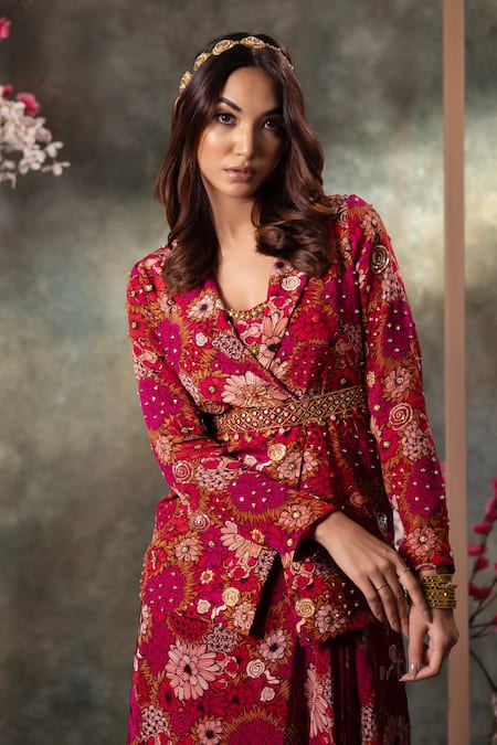 Mehak Murpana Pink Crepe Beads, Embroidery Collared Floral Print Blazer Skirt Set Online at Aza Fashions Mehak Murpana_Pink Crepe Beads, Embroidery Collared Floral Print Blazer Skirt Set _Online_at_Aza_Fashions