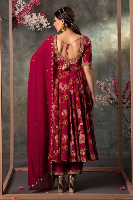Shop_Mehak Murpana_Pink Chanderi, Crepe, Georgette Beads Round Neck Floral Print Anarkali Pant Set _at_Aza_Fashions