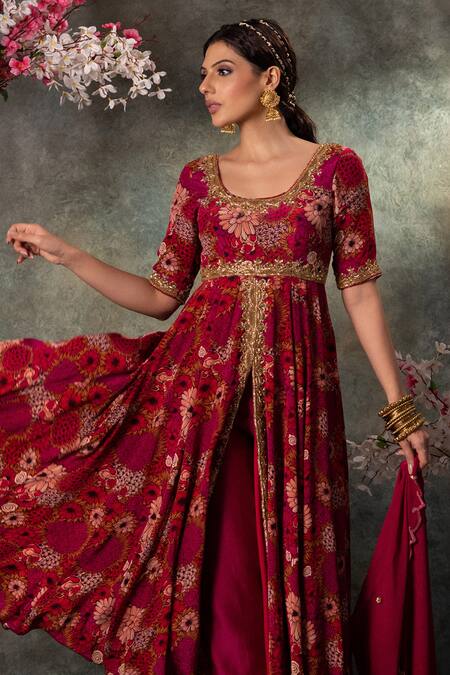 Mehak Murpana_Pink Chanderi, Crepe, Georgette Beads Round Neck Floral Print Anarkali Pant Set _Online_at_Aza_Fashions