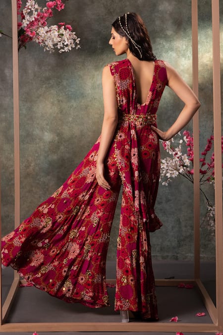 Shop Mehak Murpana Pink Crepe Embroidery, Beads V-neck Floral Print Draped Jumpsuit Set at Aza Fashions Shop_Mehak Murpana_Pink Crepe Embroidery, Beads V-neck Floral Print Draped Jumpsuit Set _at_Aza_Fashions