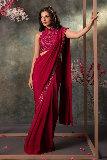 Mehak Murpana Pink Crepe Printed Floral Halter Embroidered Border Pre-draped Saree With Blouse 