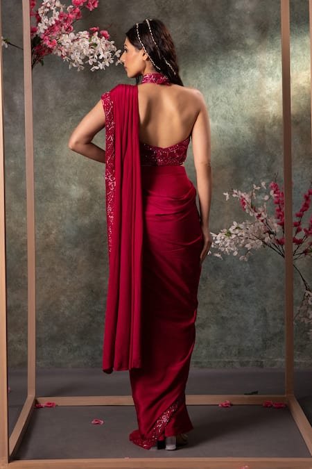 Shop_Mehak Murpana_Pink Crepe Beads, Embroidery Halter Neck Border Pre-draped Saree With Blouse _at_Aza_Fashions