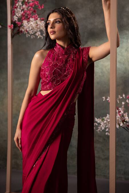 Mehak Murpana_Pink Crepe Beads, Embroidery Halter Neck Border Pre-draped Saree With Blouse _Online_at_Aza_Fashions