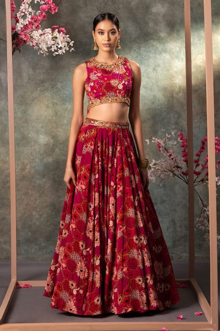 Mehak Murpana Pink Crepe Printed Floral Round Embroidered Blouse And Lehenga Set 