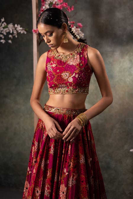 Mehak Murpana Pink Crepe Embroidery, Beads Round Neck Blouse And Lehenga Set Online at Aza Fashions Mehak Murpana_Pink Crepe Embroidery, Beads Round Neck Blouse And Lehenga Set _Online_at_Aza_Fashions