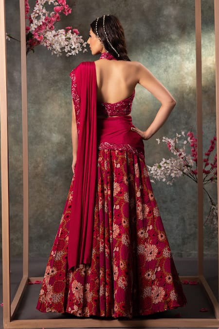 Shop_Mehak Murpana_Pink Crepe Embroidery, Beads Halter Neck Floral Print Lehenga Set _at_Aza_Fashions