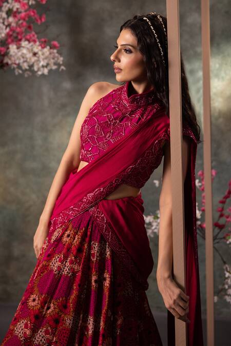 Mehak Murpana_Pink Crepe Embroidery, Beads Halter Neck Floral Print Lehenga Set _Online_at_Aza_Fashions