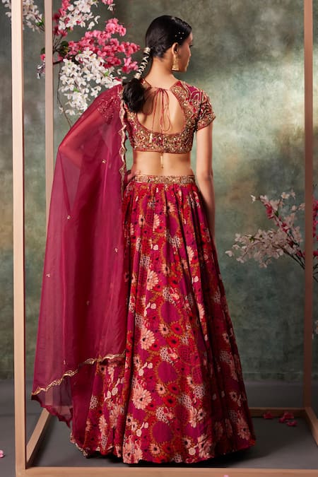 Shop_Mehak Murpana_Pink Organza, Crepe Embroidery, Beads Asymmetric Floral Print Lehenga Set _at_Aza_Fashions