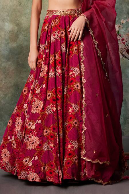 Mehak Murpana_Pink Organza, Crepe Embroidery, Beads Asymmetric Floral Print Lehenga Set _Online_at_Aza_Fashions