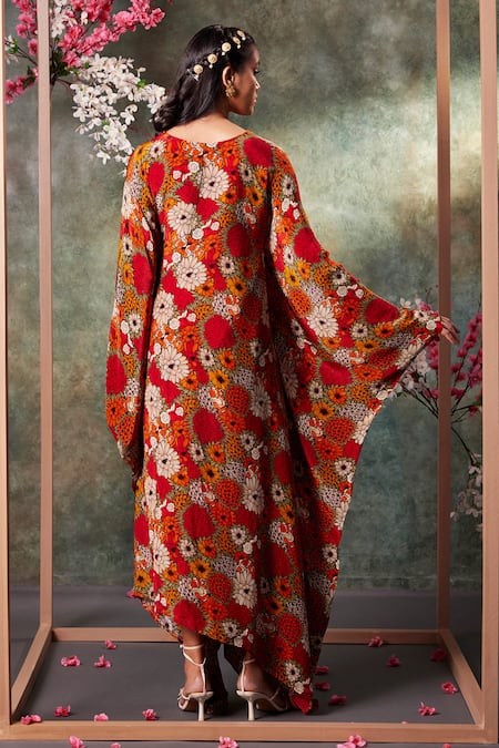 Shop_Mehak Murpana_Orange Crepe Embroidery V-neck Spring Bloom Kaftan _at_Aza_Fashions