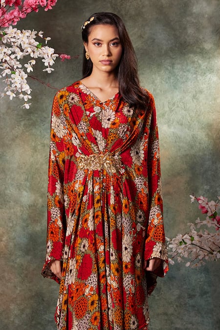 Mehak Murpana_Orange Crepe Embroidery V-neck Spring Bloom Kaftan _Online_at_Aza_Fashions