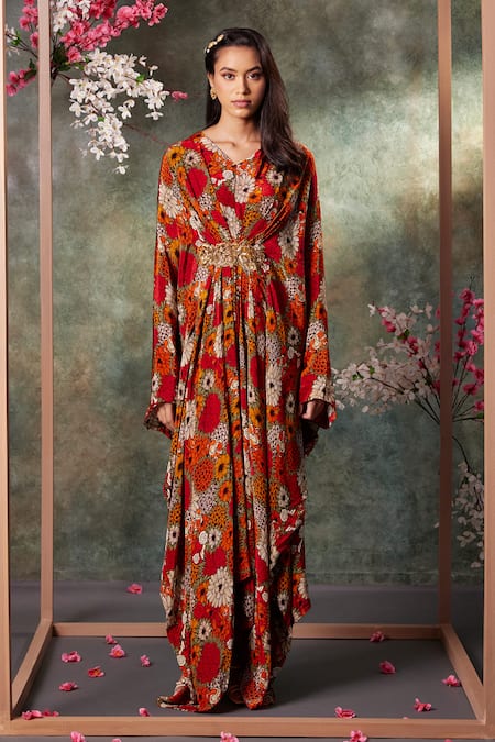 Buy_Mehak Murpana_Orange Crepe Embroidery V-neck Spring Bloom Kaftan _Online_at_Aza_Fashions
