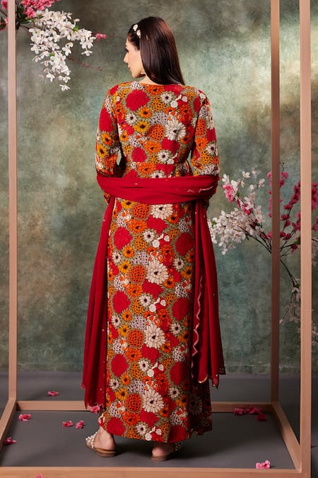 Shop_Mehak Murpana_Orange Crepe, Georgette Sequins, Embroidery Blossom Print Anarkali With Dupatta _at_Aza_Fashions