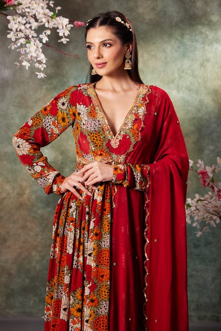 Mehak Murpana_Orange Crepe, Georgette Sequins, Embroidery Blossom Print Anarkali With Dupatta _Online_at_Aza_Fashions