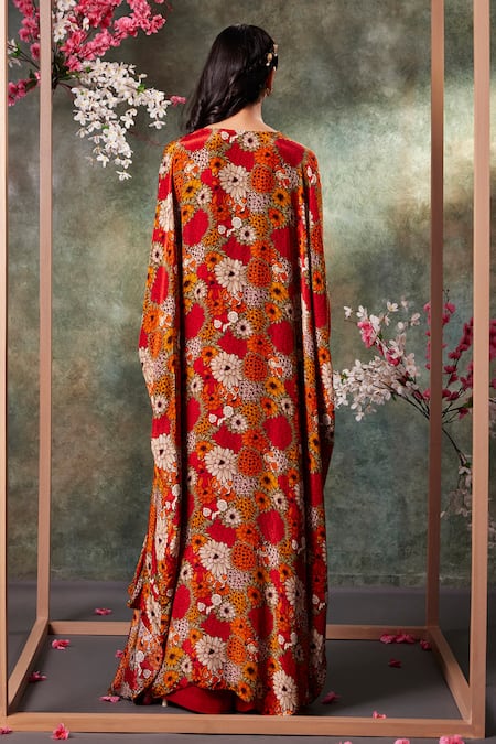 Shop_Mehak Murpana_Orange Crepe, Georgette Embroidery Sweetheart Fiore Print Cape And Flared Pant Set _at_Aza_Fashions
