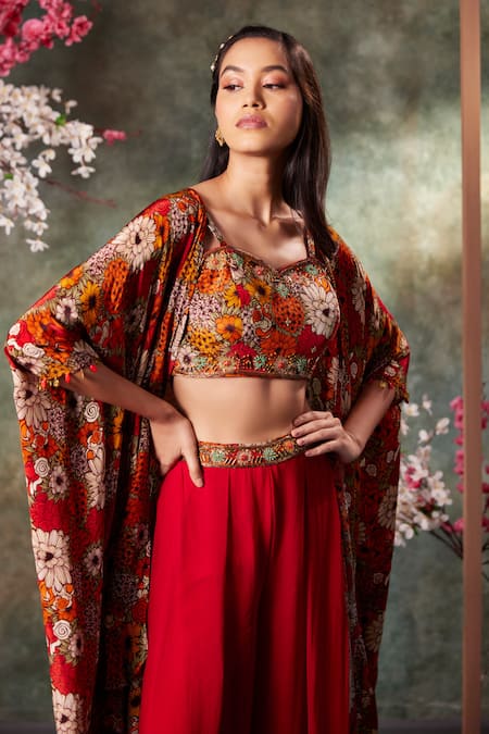 Mehak Murpana_Orange Crepe, Georgette Embroidery Sweetheart Fiore Print Cape And Flared Pant Set _Online_at_Aza_Fashions