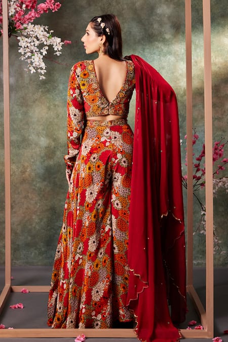 Shop_Mehak Murpana_Orange Crepe, Georgette Embroidery, Sequins Bahar Print Blouse And Sharara Set _at_Aza_Fashions
