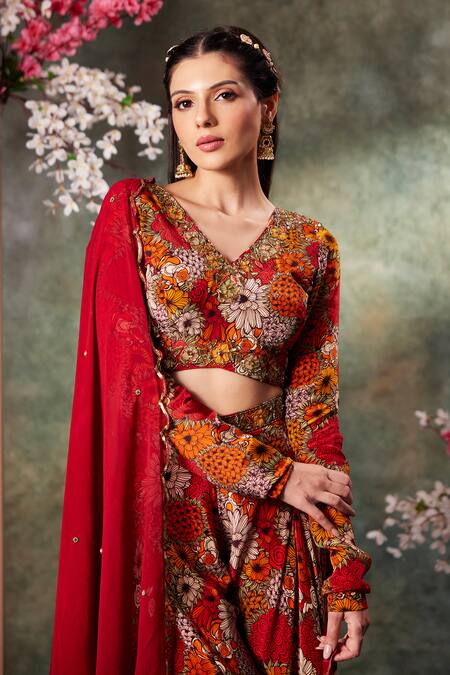 Mehak Murpana_Orange Crepe, Georgette Embroidery, Sequins Bahar Print Blouse And Sharara Set _Online_at_Aza_Fashions