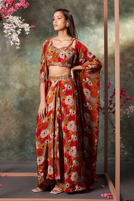 Mehak Murpana Gul Print Cape & Draped Skirt Set 