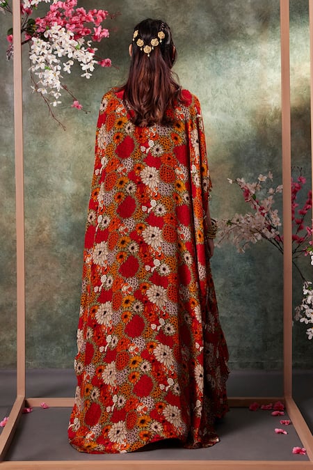 Shop_Mehak Murpana_Orange Crepe Embroidery Sweetheart Neck Gul Print Cape And Draped Skirt Set _at_Aza_Fashions