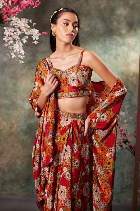 Mehak Murpana_Orange Crepe Embroidery Sweetheart Neck Gul Print Cape And Draped Skirt Set _Online_at_Aza_Fashions