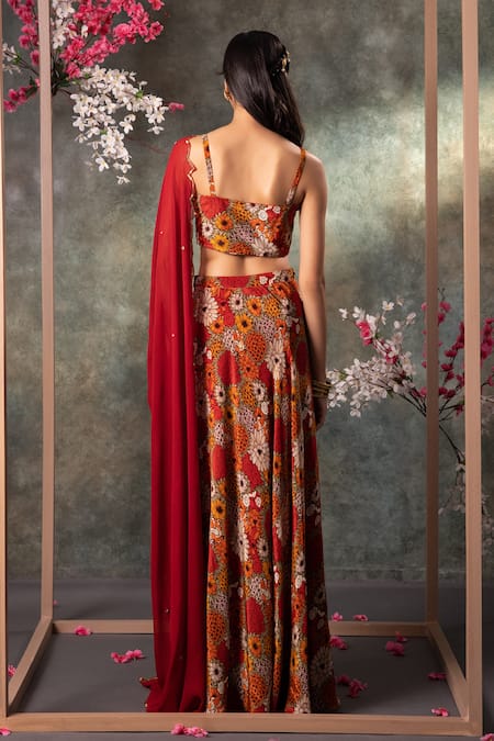 Shop_Mehak Murpana_Orange Crepe, Georgette, Chiffon Gullista Print Blouse And Draped Skirt Set _at_Aza_Fashions