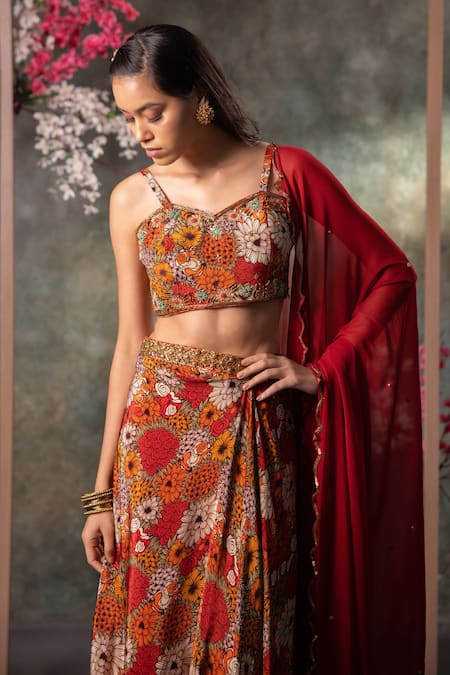 Mehak Murpana_Orange Crepe, Georgette, Chiffon Gullista Print Blouse And Draped Skirt Set _Online_at_Aza_Fashions