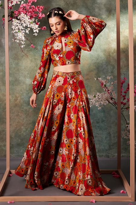 Mehak Murpana Floral Print Balloon Sleeves Crop Top With Flared Panel Pant 